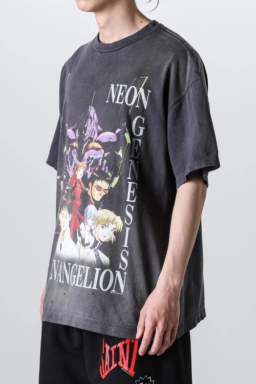 SAINT Mxxxxxx × EVANGELION NEON GNSIS TEE/BLK co-branded Neon Genesis Evangelion distressed short-sleeves, washed black S-XL, vintage NEW VINTAGE, top printing technology, garment dyeing, re-washed, distressed, correct co-branded main mark/washing mark
